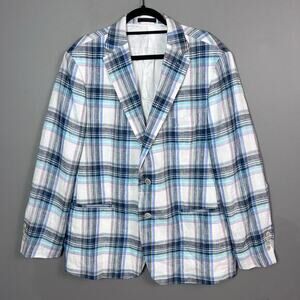 Tallia sport coat blazer men's 46R plaid 100% Linen light colors white old money